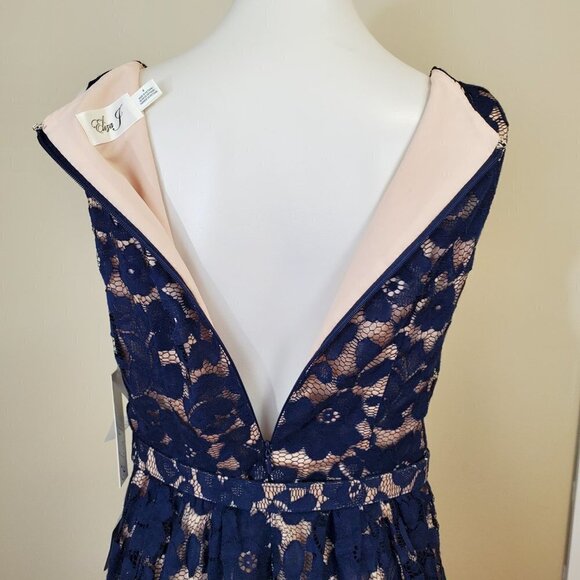 NWT Eliza J Navy Lace Illusion dress Fit & Flare Belted Cocktail sleeveless Sz 4 - Picture 11 of 16